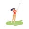 Young Brunette Woman Playing Golf, Female Athlete Golfer Training with Golf Club on Course with Green Grass, Outdoor