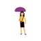 Young brunette woman standing under purple umbrella vector illustration