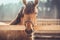 Young buckskin draft horse in halter on paddock in daytime