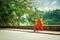 Young buddhist monks at city street. Luang Prabang, Laos