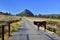 A young bullock on the narrow road with Panoramic Mountain Landscape with layered by blue sky over the mountain ranges, Sardinia