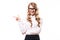 Young business girl with eyeglasses with okey sign on white backgroung