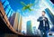 young business man and belonging luggage standing against building urban scene looking to sky with passenger jet plane flying