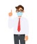 Young business man covering face with medical mask and pointing finger up symbol. Trendy person wearing facial hygienic surgical
