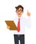 Young  business man in eye glasses holding clipboard and pointing finger up. Trendy person keeping notepad, document, folder.