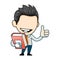 Young business man holding book smiling happy and positive, thumb up with finger doing approval sign