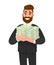 Young business man holding bundle of cash or dollar. Person carrying  pile of money, currency notes. Male character design.