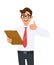 Young business man holding clipboard and showing thumbs up sign. Trendy person keeping notepad, document or folder. Male character