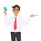 Young business man holding or showing a credit Debit, ATM card and presenting something hand gesture sign. Male character design