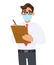 Young business man in medical mask writing on clipboard. Person holding notepad or document. Male character with eyeglasses.