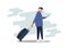 Young business man pulling the luggage busy with mobile phone. Bleisure concept. Work life balance. Digital nomad. Vector flat