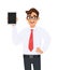 Young business man showing a new brand tablet phone. Person holding digital pad. Male character design illustration.