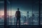 Young business man standing in office watching the modern city night view Generative AI