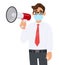 Young business man wearing medical mask and holding megaphone. Trendy person in eye glasses carrying loudspeaker. Modern lifestyle
