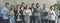 Young business people with different gadgets posing in office