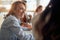 A young business woman at a break with colleagues at company canteen. People, job, company, business concept