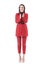 Young business woman in elegant red suit congratulating and applauding in standing ovations.