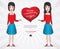 Young Business woman with heart shape vector illustration of a flat design. for valentine`s day card, banner