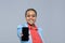 Young Business Woman Show Cell Smart Phone Empty Screen African American Girl Happy Smile Businesswoman