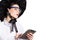 Young business woman using tablet PC and wearing glasses and futuristic hat