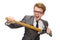 Young businessman with baseball bat isolated on