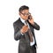 Young businessman in black suit listening call and pointing