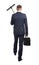 Young businessman with briefcase and rake on the white