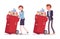 Young businessman and businesswoman pushing wheeled trash bins with likes