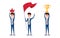 Young businessman character design. Set of guy acting in suit holds crown, flag, trophy of success, Different emotions, poses