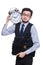 The young businessman holding alarm clock isolated