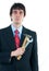 Young businessman holding hammer and wrench as metaphore of his