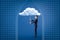 Young businessman holding white cloud umbrella with cartoon rain drawn on blue background