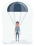 Young Businessman Landing on Ground with Parachute. Business Risk Achievement Targeting Concept.