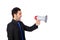 Young businessman with a Megaphone proclaiming something