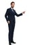 Young businessman in navy blue suit pointing finger to side