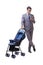 The young businessman nursing child in pram isolated on white