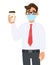 Young businessman in safety medical mask showing coffee cup. Person holding paper mug. Male character in formal wear