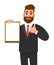 Young businessman showing blank clipboard and making thumb up gesture sign. Person holding notepad. Male character design.