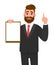 Young businessman showing blank clipboard and pointing finger up or one idea. Person holding notepad. Male character design.