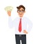 Young businessman showing cash, money in hand. Person holding currency notes and posing hand on hip. Male character design.