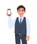 Young businessman showing a new smartphone. Trendy person holding latest branded mobile or cellphone. Male character design.