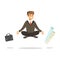 Young businessman sitting in lotus pose and meditating, briefcase and paper rolls flying around him vector Illustration