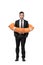 A young businessman stands on a white background while inside an orange life buoy.