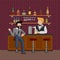 Young businessman in suit sitting at bar counter in friday night. Guy orders a glass of  beer. Pub bartender serving client. Bar