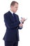 Young businessman in suit writing something in clipboard isolate