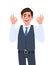 Young businessman in waistcoat showing okay or OK gesture and winking eye. Person making symbol of good or cool sign.