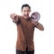 Young Businessman Wearing Batik Smiling Shouting Using Megaphone, Marketing Promotion Concept