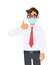 Young businessman wearing face medical mask and showing thumbs up sign. Trendy person covering surgical mask and gesturing okay,