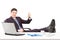 Young businessperson sitting on a chair with his legs up and giving a thumb up