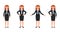 Young businesswoman in black suit cartoon character. Vector illustration of smart female clerk in different poses.